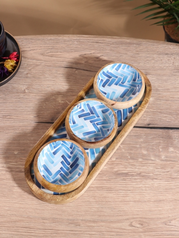 Набор розеток на подносе  Набор розеток на подносе "Синие птицы" (3 шт) дерево манго 33,5х13х6,5 см