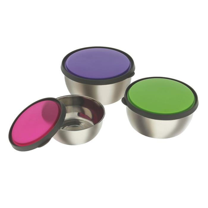 Набор салатников из нержавеющей стали с крышками &laquo;Яркая сталь&raquo;, 3 шт: d=12 см, d=14 см, d=16 см, 800 мл, 600 мл, 400 мл, цвет МИКС
