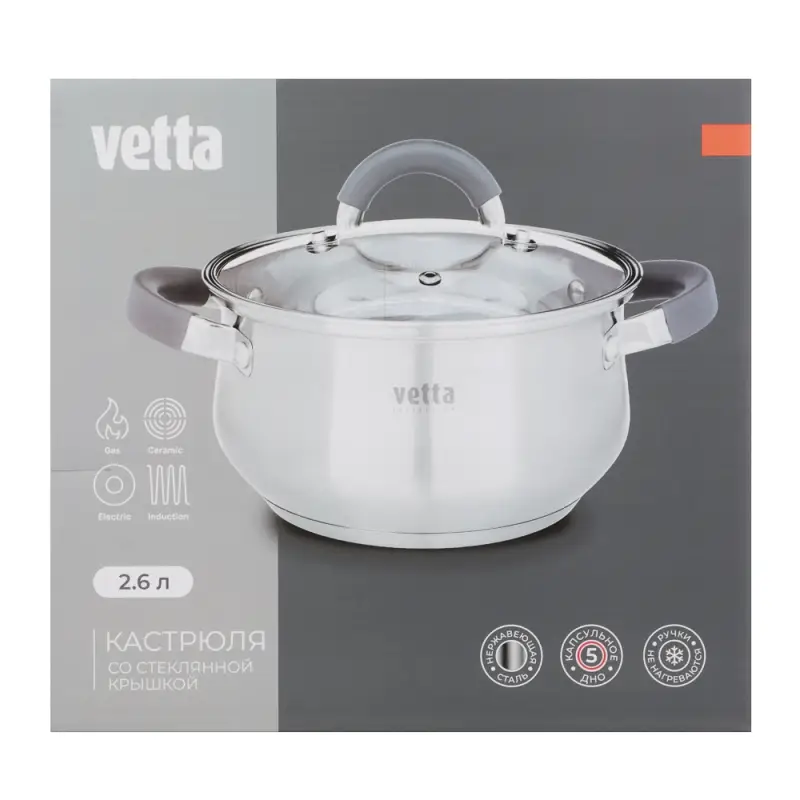 VETTA Вена Кастрюля 18х10,5см. 2,6л. со стекл. крышкой, индукция