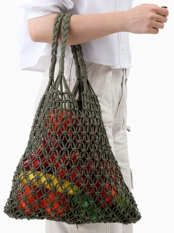 Сумка пляжная, плетёная, клетка 3.5 см, зелёная