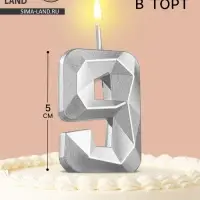 Свеча в торт на шпажке &laquo;Алмаз&raquo;, цифра 9, серебряная, 5&times;2.6 см