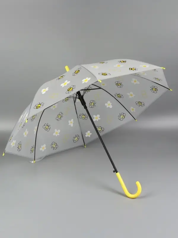 Зонт - трость детский &laquo;Пчёлки&raquo;, полуавтоматический, 8 спиц, R=45/54 см, D=90 см, прозрачный, белый, жёлтый