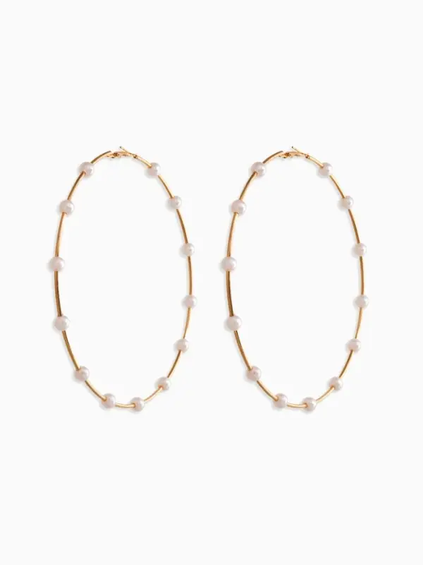 Серьги-кольца "Жемчуг" d=10см. №6, цвет белый в золоте