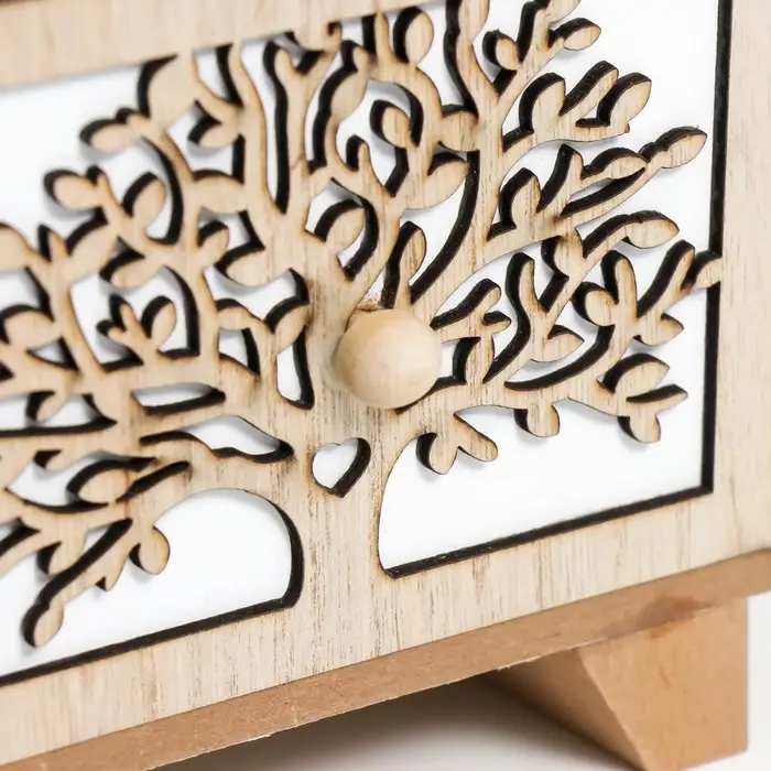 Шкатулка дерево комод 2 ящика "Дерево и птичка" бежево-белая 10х14х22 см