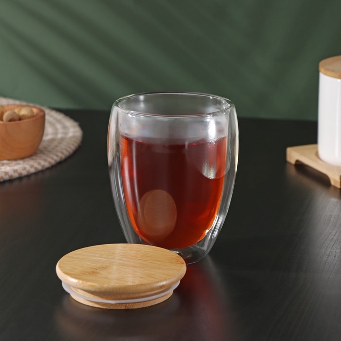 Стакан стеклянный с двойными стенками и бамбуковой крышкой BellaTenero «Эко», 330 мл Стакан стеклянный с двойными стенками и бамбуковой крышкой BellaTenero «Эко», 330 мл