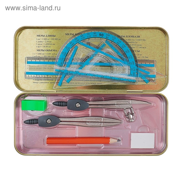 Готовальня 9 предметов: 2 циркуля 120 мм, угольник 60 х 30 х 90 мм, угольник 45 х 45 х 90 мм, линейка 15 см, транспортир, ластик, точилка, в металлическом пенале Готовальня 9 предметов: 2 циркуля 120 мм, угольник 60 х 30 х 90 мм, угольник 45 х 45 х 90 мм, линейка 15 см, транспортир, ластик, точилка, в металлическом пенале