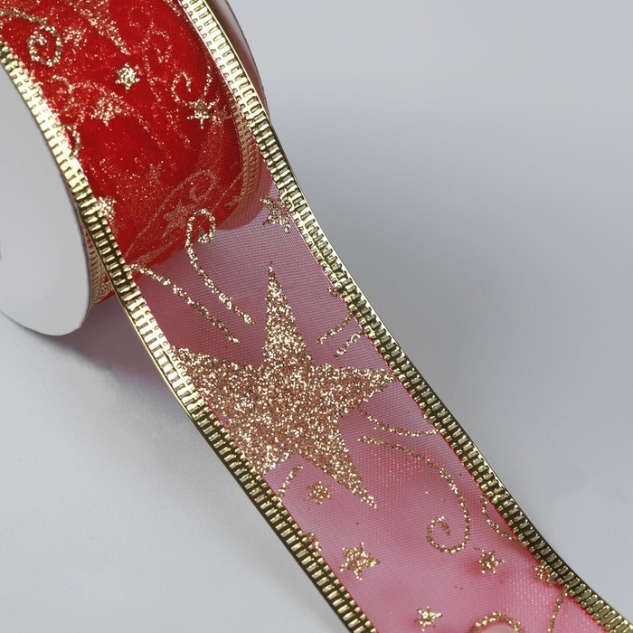 Новый год! Лента капроновая с металлической нитью «Звёзды и вьюнки», 38 мм × 2,7 ± 0,5 м, цвет красный/золотой Новый год! Лента капроновая с металлической нитью «Звёзды и вьюнки», 38 мм × 2,7 ± 0,5 м, цвет красный/золотой