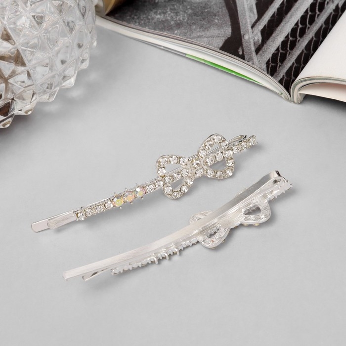 Невидимка для волос  Невидимка для волос "Эбба" (набор 2 шт) бант, 6 см, серебро