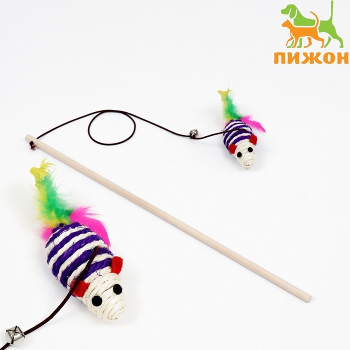 Дразнилка с  мышкой (7 см) на деревянной палочке, 40 см, синяя/белая Дразнилка с  мышкой (7 см) на деревянной палочке, 40 см, синяя/белая