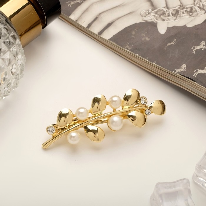 Заколка-автомат для волос Заколка-автомат для волос "Престиж" бусины с листиками, 7 см, золото