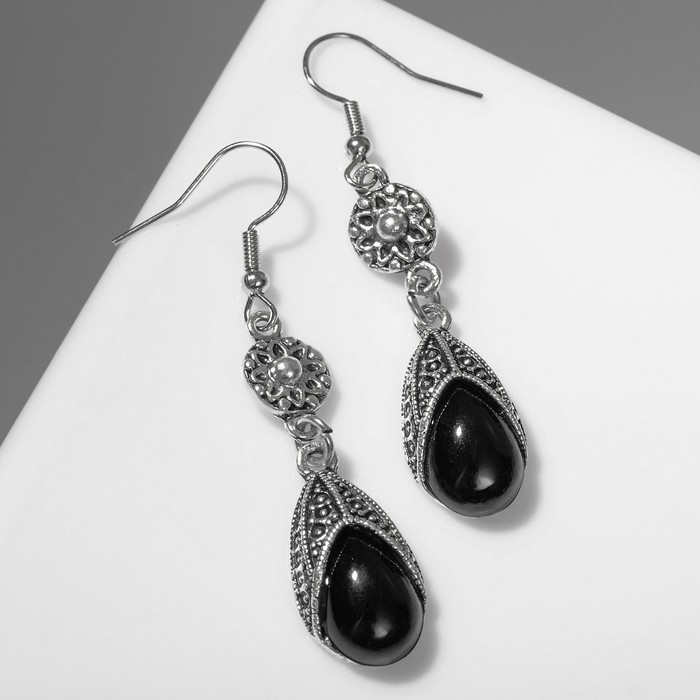 Серьги со стразами «Капля» изящность, цвет чёрный в чернёном серебре Серьги со стразами «Капля» изящность, цвет чёрный в чернёном серебре
