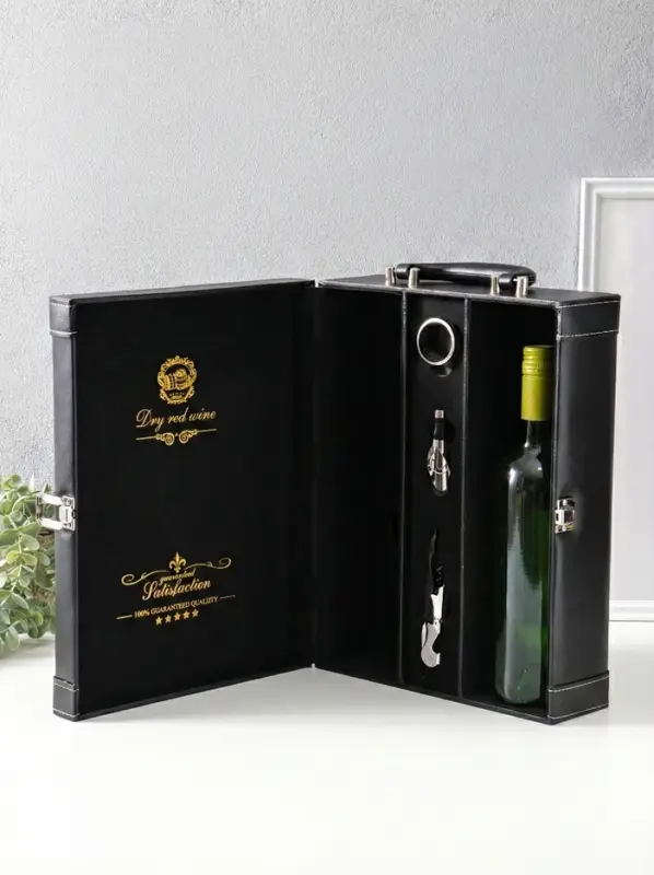 Шкатулка подарочная под 2 бутылки &laquo;Гладкая кожа&raquo; и набор 3 предмета, чёрная, 35&times;26.5&times;12 см