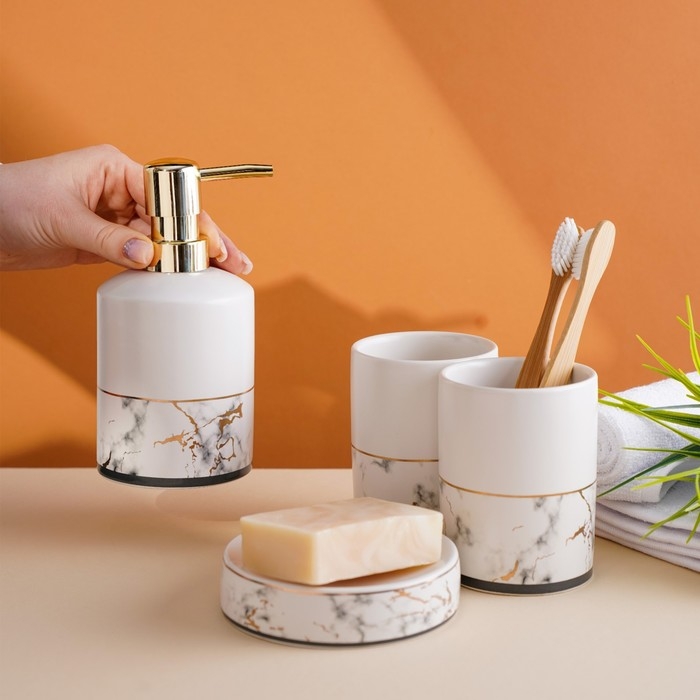 Набор аксессуаров для ванной комнаты «Афродита», 4 предмета (дозатор 380 мл, мыльница, 2 стакана), цвет белый Набор аксессуаров для ванной комнаты «Афродита», 4 предмета (дозатор 380 мл, мыльница, 2 стакана), цвет белый
