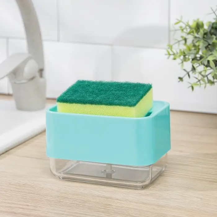Дозатор для моющего средства с подставкой для губки, 250 мл, губка в комплекте, цвет бирюзовый Дозатор для моющего средства с подставкой для губки, 250 мл, губка в комплекте, цвет бирюзовый