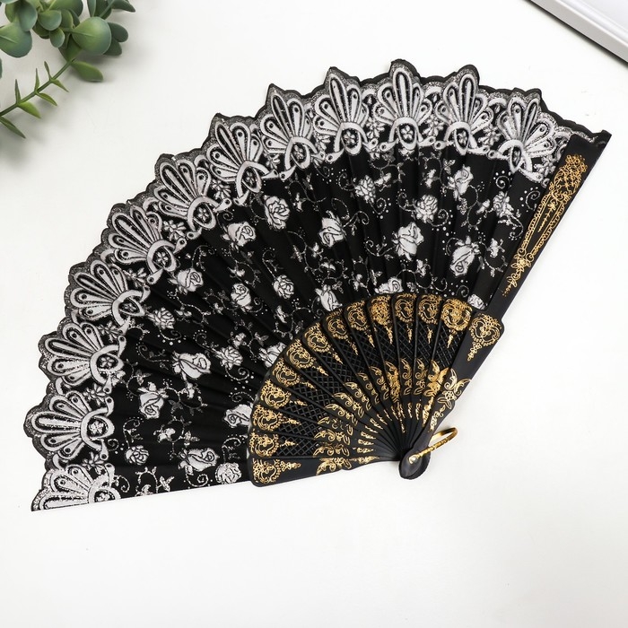 Веер пластик, текстиль  Веер пластик, текстиль "Россыпь цветов" с золотом МИКС 23 см