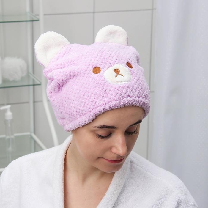 Чалма для сушки волос Доляна «Медвежонок», микрофибра, цвет розовый