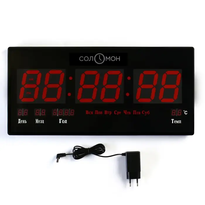 Часы электронные настенные &laquo;Соломон&raquo; термометр, календарь, 21.5&times;45.5 см, красная индикация, черные