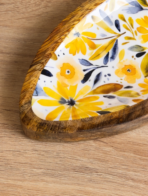 Блюдо в форме рыбки "Желтые и синие цветы" дерево манго 32х11,5х2 см