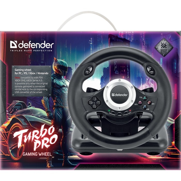 Руль Defender Turbo Pro, проводной, вибрация, для PC, 2 педали, USB Руль Defender Turbo Pro, проводной, вибрация, для PC, 2 педали, USB