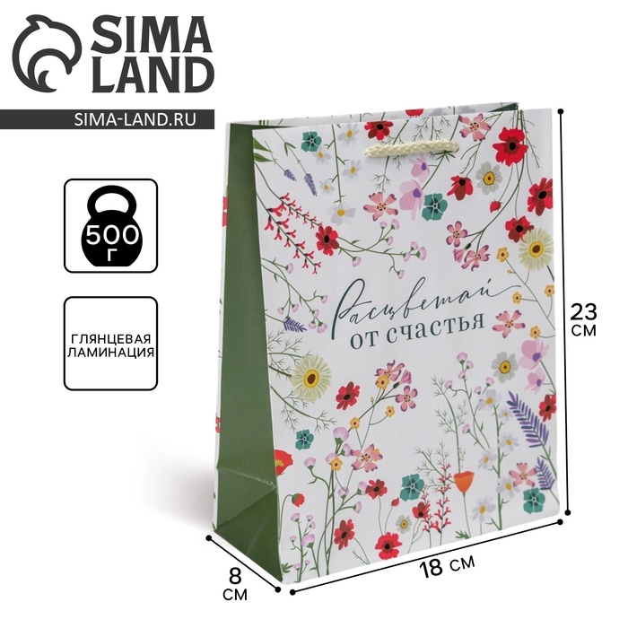 Пакет подарочный ламинированный, упаковка, «Расцветай от счастья», MS 18 х 23 х 8 см Пакет подарочный ламинированный, упаковка, «Расцветай от счастья», MS 18 х 23 х 8 см