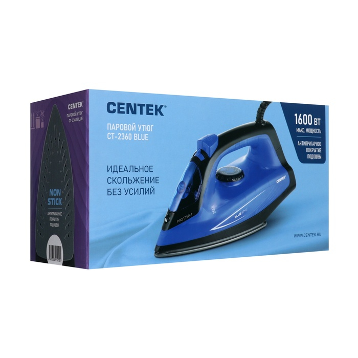 Утюг Centek CT-2360, 1600 Вт, антипригарная подошва, 200 мл, чёрно-синий