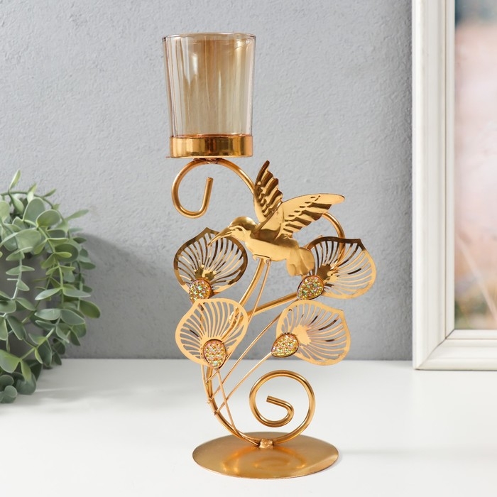 Подсвечник металл, стекло на 1 свечу Подсвечник металл, стекло на 1 свечу "Полет колибри" d=4,7 см, золото 15,5х9х27,8 см