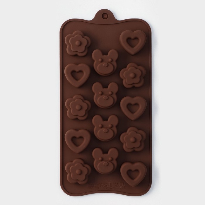 Форма для конфет и шоколада Доляна «Мишка, цветок, сердце», силикон, 19,7×10,5×1,5 см, 14 ячеек, цвет коричневый Форма для конфет и шоколада Доляна «Мишка, цветок, сердце», силикон, 19,7×10,5×1,5 см, 14 ячеек, цвет коричневый