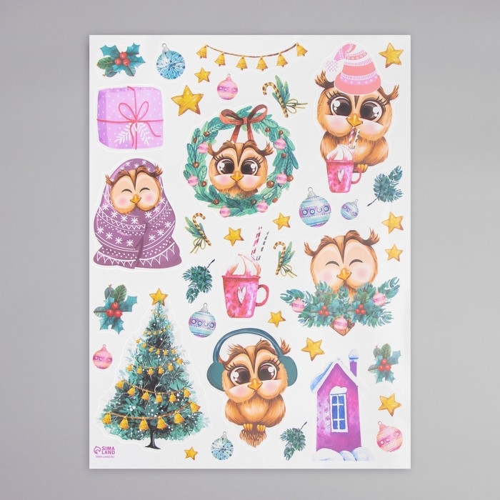 Наклейка интерьерная цветная Наклейка интерьерная цветная "Совушки новогодние" 30х40 см