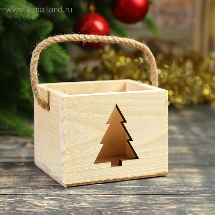 Кашпо деревянное  Кашпо деревянное "Ёлочка", ручка- шнур, 12,5х10,5х9,5см