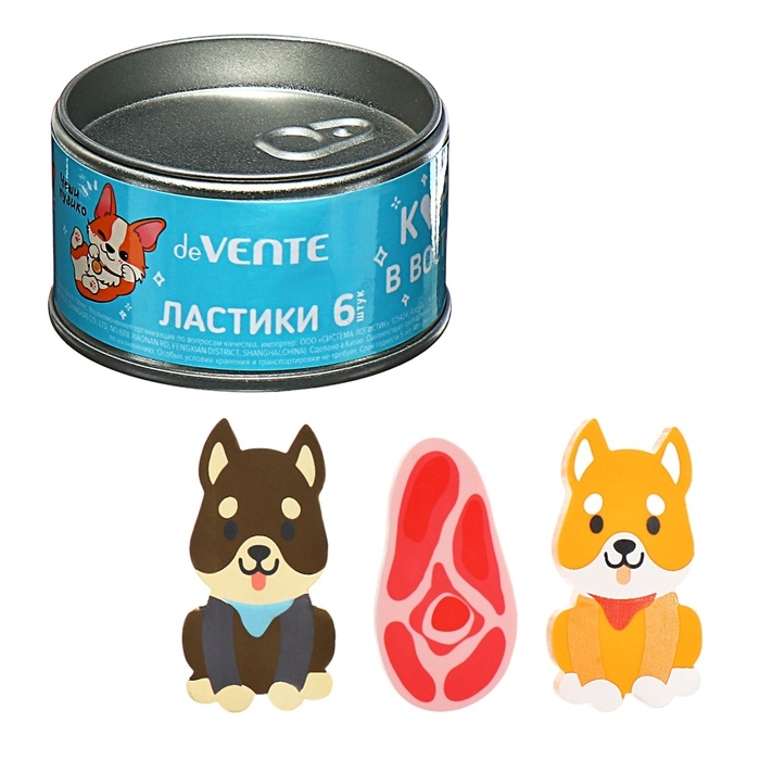 Ластик deVENTE Happy Friends, набор 6 штук, 42х22х7мм и 40х21х5мм, железная банка Ластик deVENTE Happy Friends, набор 6 штук, 42х22х7мм и 40х21х5мм, железная банка