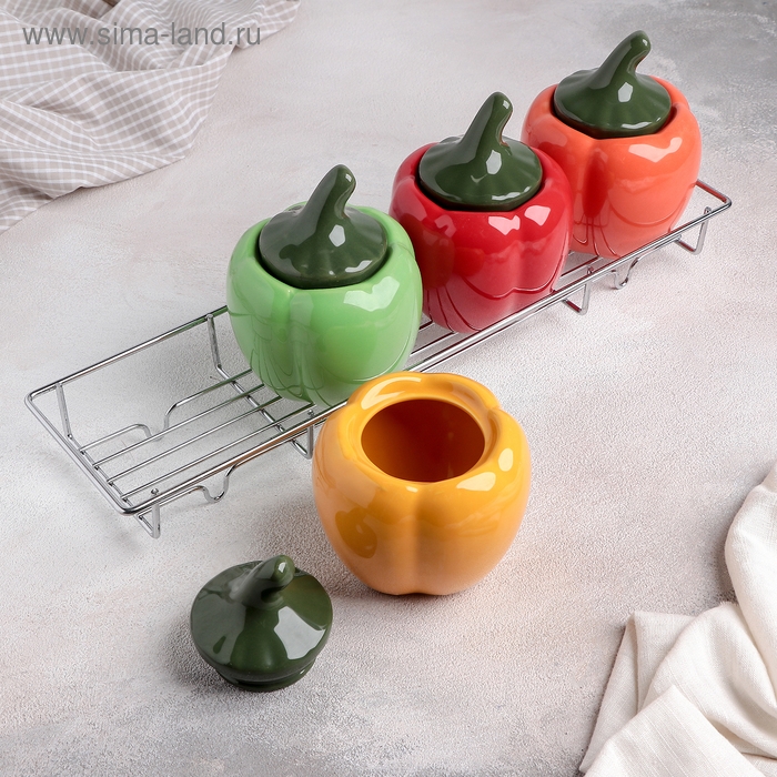 Набор банок керамических для сыпучих продуктов на металлической подставке «Перцы», 4 предмета: 400 мл