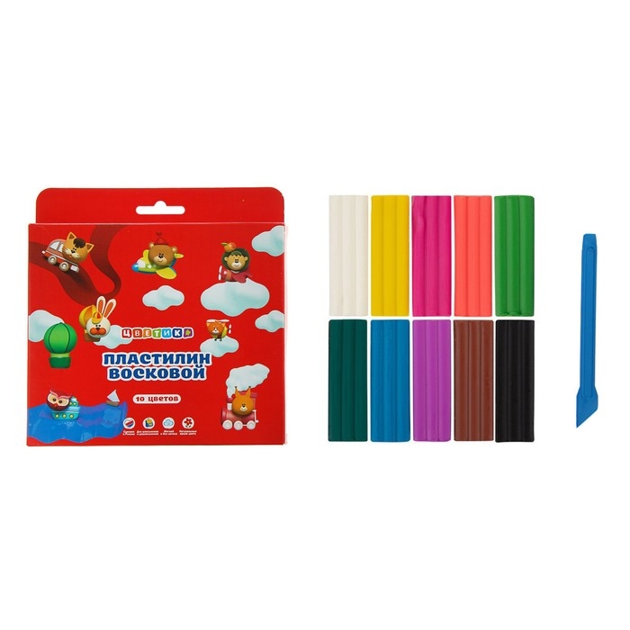 Пластилин мягкий (восковой) ЗХК Пластилин мягкий (восковой) ЗХК "Цветик", 10 цветов, 150 г, со стеком, 3241784