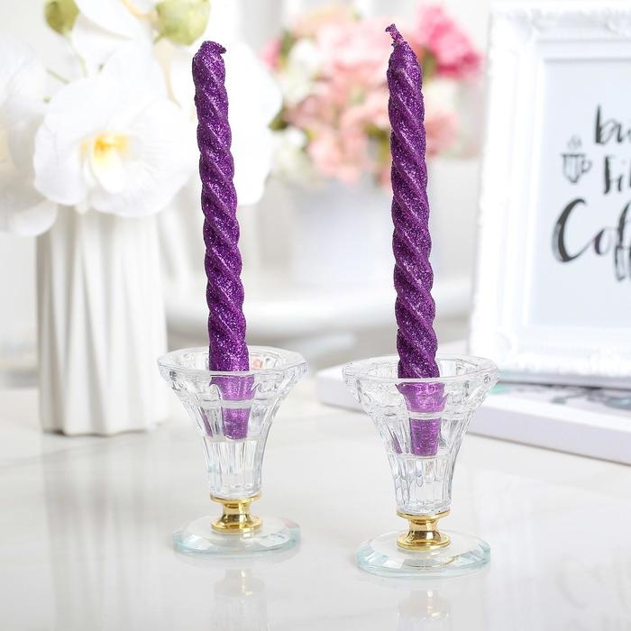 Набор свечей витых, 1,5х 15 см, 2 штуки, блестка, сиреневый Набор свечей витых, 1,5х 15 см, 2 штуки, блестка, сиреневый
