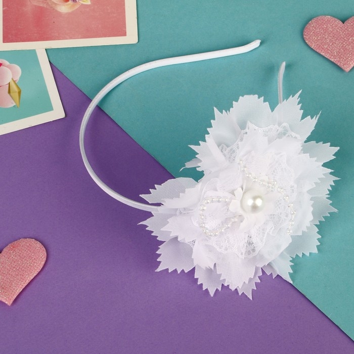 Ободок для волос  Ободок для волос "Фелиция" кружево бусинка, 0,5 см, белый