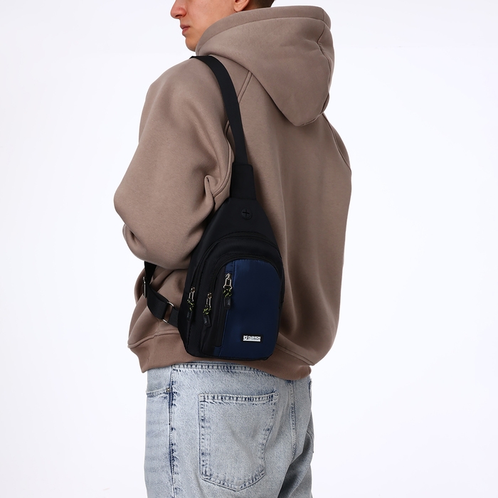 Сумка-слинг из текстиля, 3 наружных кармана, цвет синий Сумка-слинг из текстиля, 3 наружных кармана, цвет синий