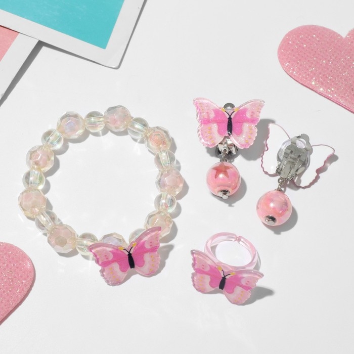 Набор детский «Выбражулька» 3 предмета: клипсы, браслет, кольцо, бабочки, цветной Набор детский «Выбражулька» 3 предмета: клипсы, браслет, кольцо, бабочки, цветной