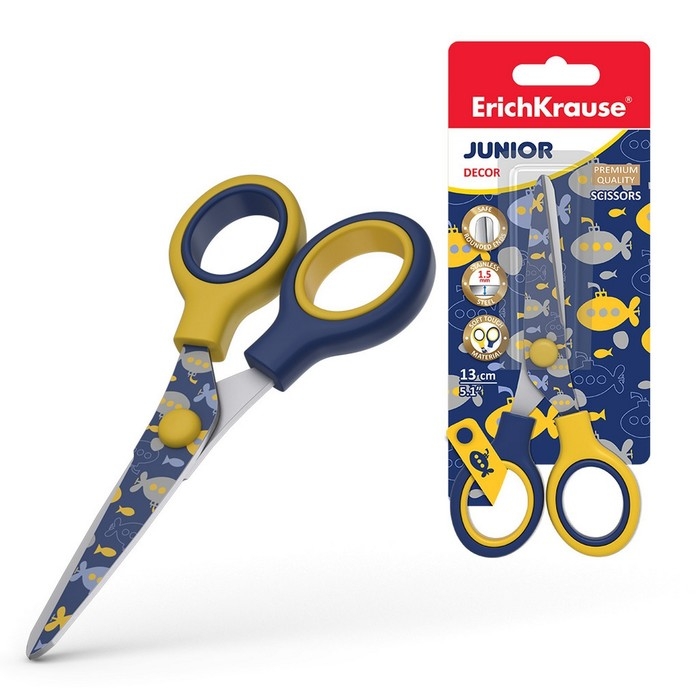 Ножницы детские 13 см, ErichKrause Junior Decor Submarine, с принтом на лезвиях, закруглённые концы, блистер Ножницы детские 13 см, ErichKrause Junior Decor Submarine, с принтом на лезвиях, закруглённые концы, блистер