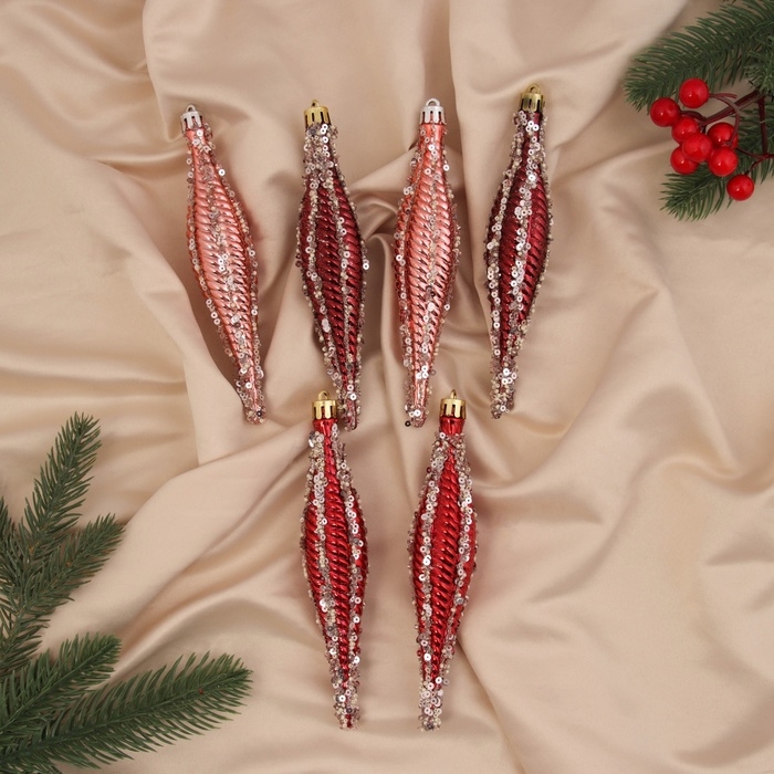 Украшение ёлочное Украшение ёлочное "Сосулька нить блеск" (набор 6 шт) 15.5х3 см, розовый красный