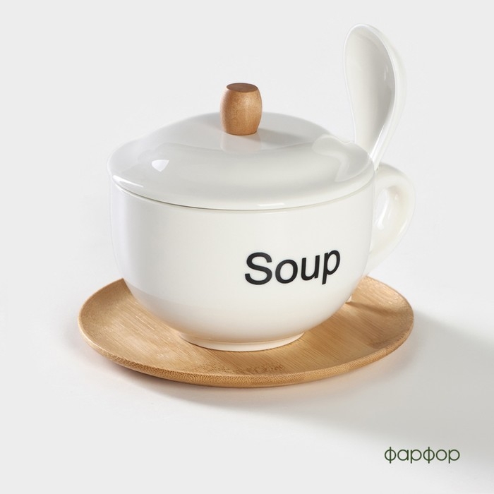 Супница фарфоровая с ложкой на бамбуковой подставке BellaTenero, 450 мл, 15×11,5×7,5 см, цвет белый Супница фарфоровая с ложкой на бамбуковой подставке BellaTenero, 450 мл, 15×11,5×7,5 см, цвет белый