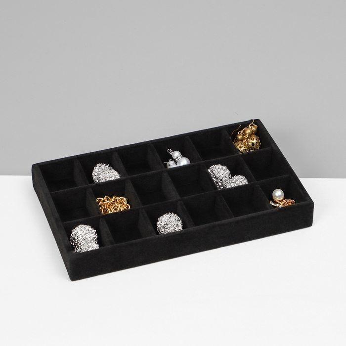 Подставка для украшения 18 ячеек, флок, 21×12,3×2,5 см, цвет чёрный Подставка для украшения 18 ячеек, флок, 21×12,3×2,5 см, цвет чёрный