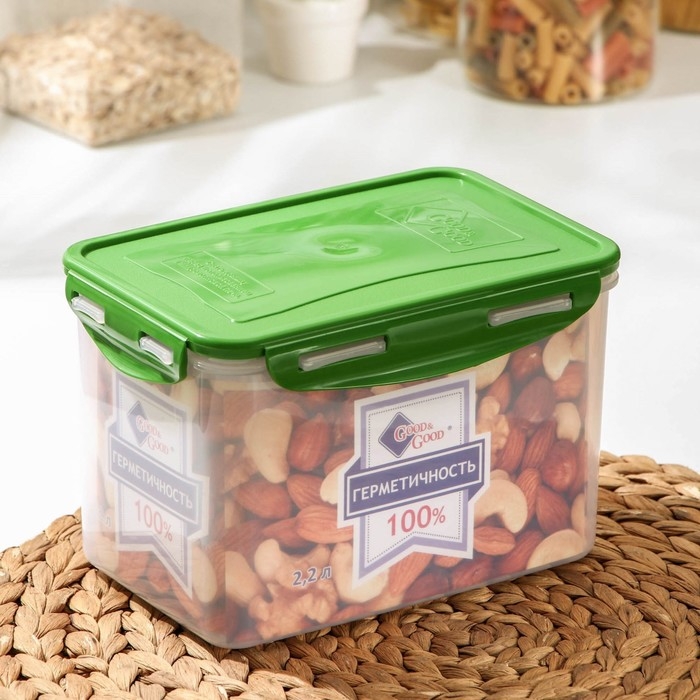 Контейнер пищевых Good & Good, с герметичной крышкой , 2,2 л, цвет прозрачный, крышка МИКС Контейнер пищевых Good & Good, с герметичной крышкой , 2,2 л, цвет прозрачный, крышка МИКС