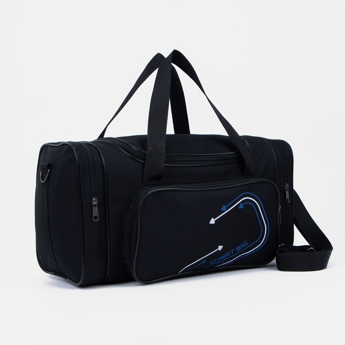 Сумка дорожная на молнии, 3 наружных кармана, длинный ремень, цвет чёрный/синий Сумка дорожная на молнии, 3 наружных кармана, длинный ремень, цвет чёрный/синий