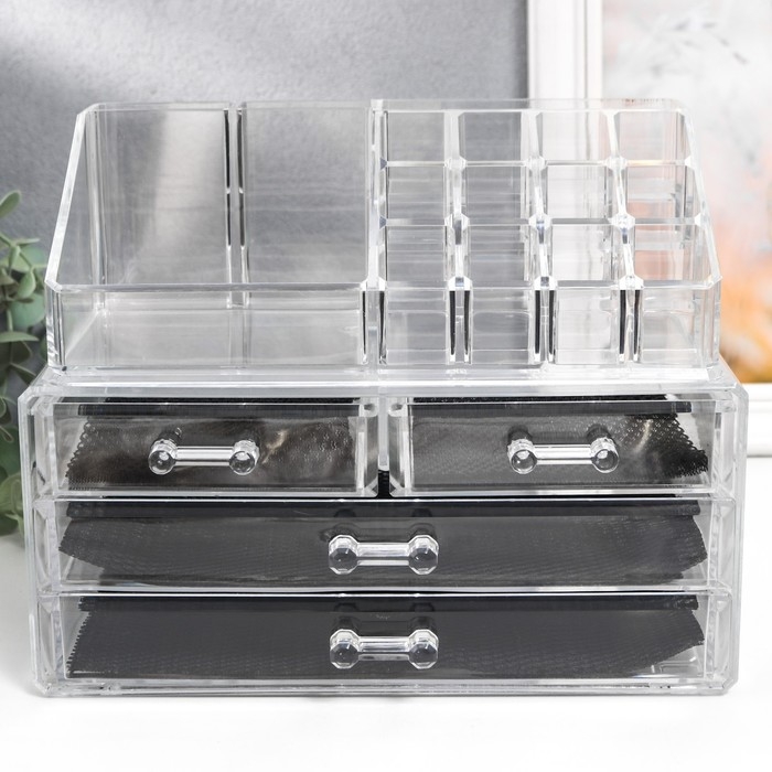 Шкатулка-органайзер пластик 4 ящика прозрачная 18,5х14,5х24 см Шкатулка-органайзер пластик 4 ящика прозрачная 18,5х14,5х24 см