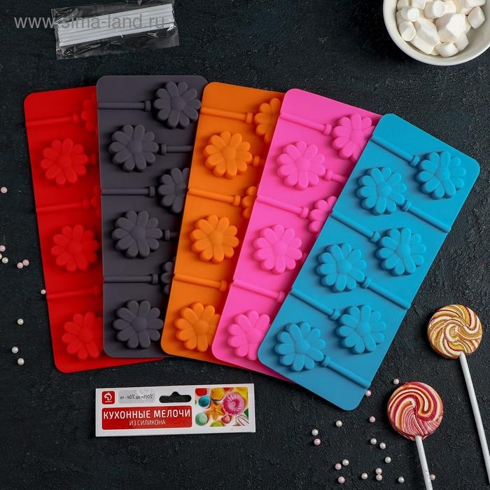 Форма для леденцов Доляна «Ромашка», силикон, 9,5×24×1 см, 6 ячеек (d=3,8 см), с палочками, цвет МИКС Форма для леденцов Доляна «Ромашка», силикон, 9,5×24×1 см, 6 ячеек (d=3,8 см), с палочками, цвет МИКС