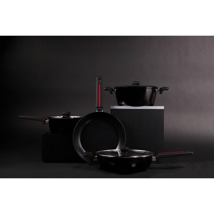 Сковорода Magistro Flame, d=28 см, h=7,5 см, со стеклянной крышкой, ручка soft-touch, антипригарное покрытие, индукция, цвет чёрный