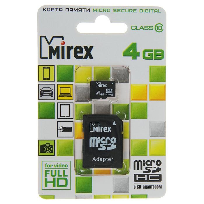 Карта памяти Mirex microSD, 4 Гб, SDHC, класс 10, с адаптером SD Карта памяти Mirex microSD, 4 Гб, SDHC, класс 10, с адаптером SD