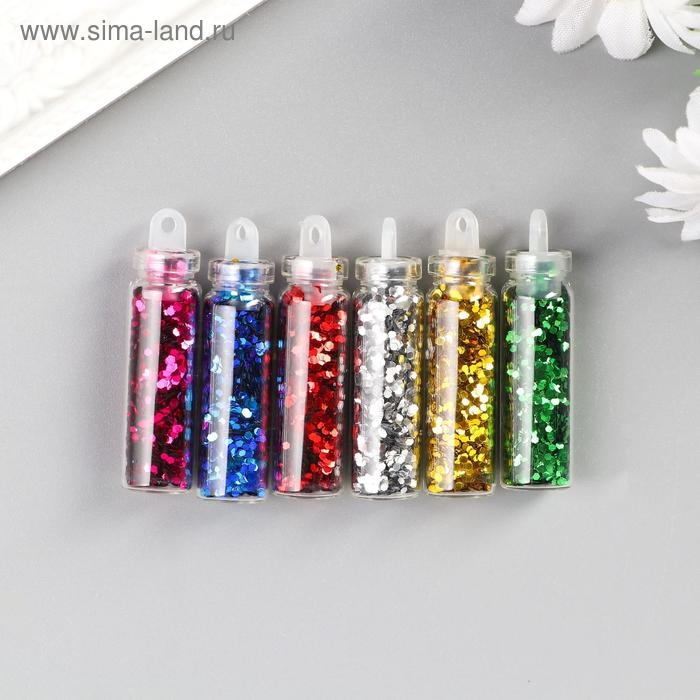Глиттер набор 6 бутылочек Глиттер набор 6 бутылочек "Хлопья блеск", вес глиттера в 1 бут - 1,2 гр, цвет микс