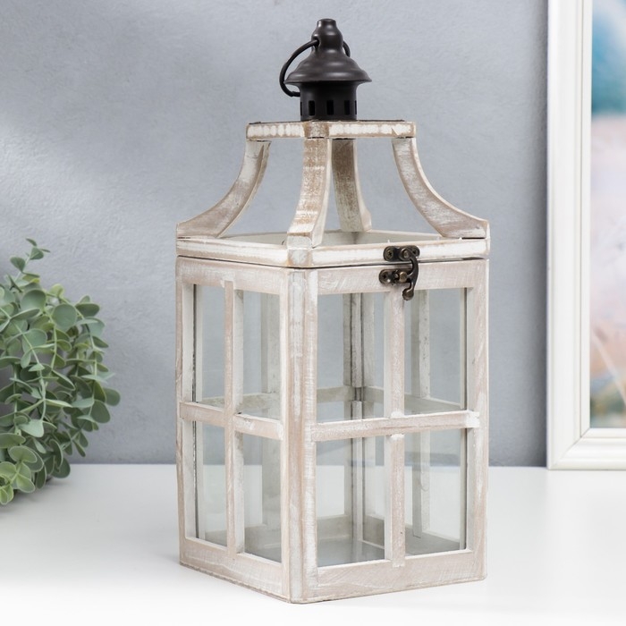 Подсвечник дерево "Фонарь - веранда" белый состаренный набор 2 шт 35х15х15, 53х20х20 см