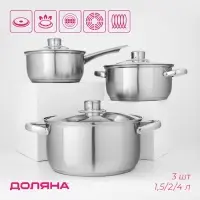 Набор посуды Доляна &laquo;Сильве&raquo;, 3 предмета: сотейник 1.5 л, d=16 см, кастрюли 2 л, 4 л, d=18 см, d=22 см, крышки, индукция, нержавеющая сталь