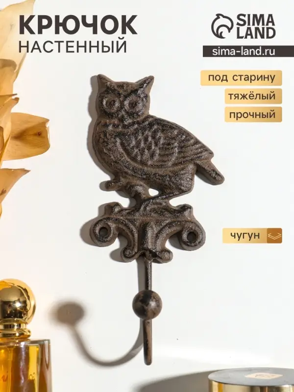 Крючок настенный &laquo;Сова на ветке&raquo;, ключница декоративная, чугун, 8&times;18&times;6 см